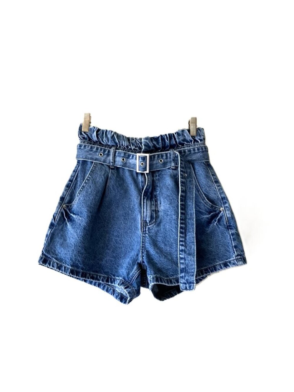 Missguided Petite Paper Bag Waist Denim Shorts Women's 2 Blue Acid Wash Belted